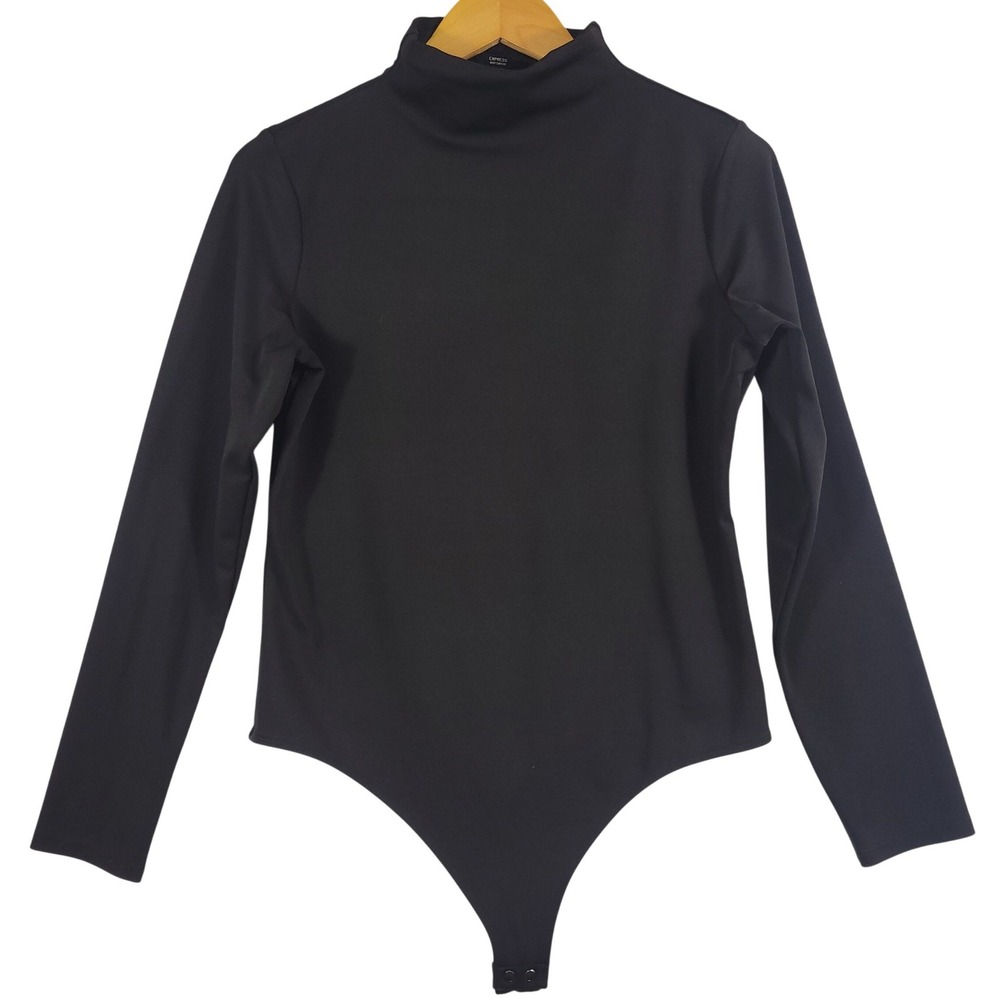 Express Bodysuit Women Large Black Mock Neck Long Sleeve Body Contour Snap